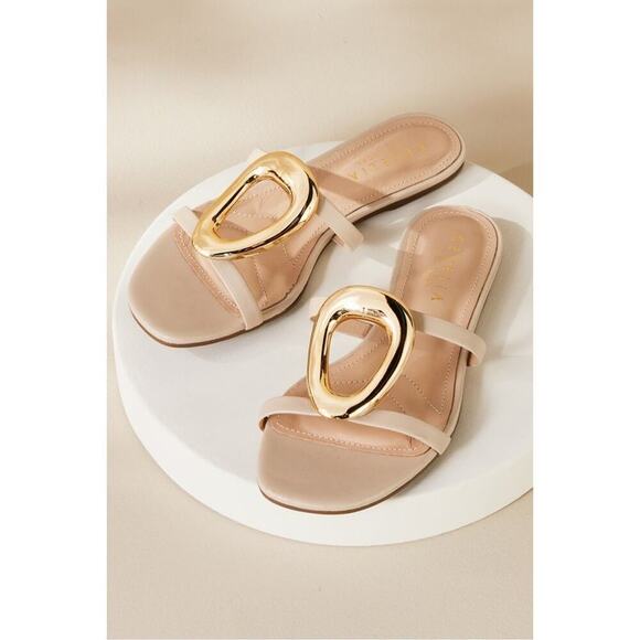 Cecelia NY Melissa Sandals Size 9.5 Nude Gold Metal Flat Leather Anthropologie